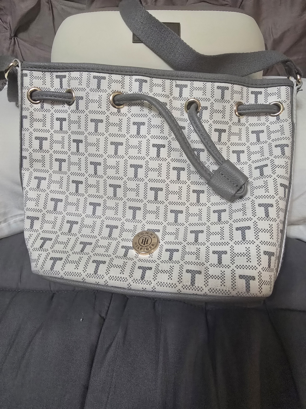 Tommy Hilfiger White & Gray Monogram Drawstring Tote